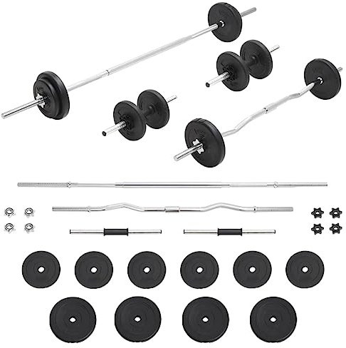 GeenYuu Set di manubri lunghi e manubri corti, 30 kg, in acciaio cromato, con dischi, chiusura a stella, regolabile, per allenamento della forza, costruzione muscolare, fitness a casa e allenamento in