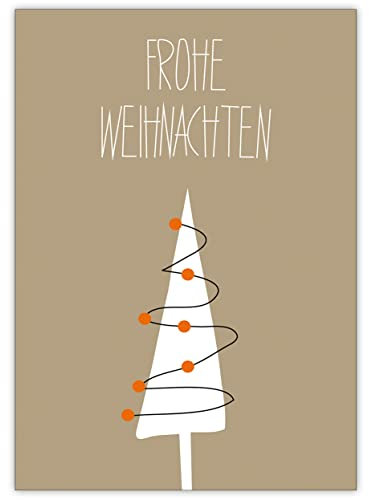 4 Stück Set Edle Weihnachtskarten mit Umschlägen mit grafischem, modernem Weihnachtsbaum, beige braun, innen blanko/weiß als Klappkarte zu Weihnachten geschäftlich & privat: Frohe Weihnachten
