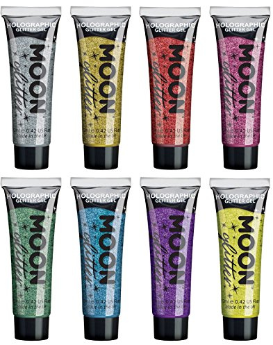 Holografiskt ansikte och kropp, glittergel från Moon Glitter – 12 ml – set med 8 färger – glitter ansiktsfärg