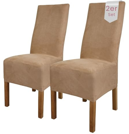 Scheffler Home Stuhlhussen Beige 2er Set Velours Stretch Leon | Elastische und waschbare Stuhlbezüge,Öko-Tex zertifiziert,für Esszimmerstühle, Hochlehner und Polsterstühle