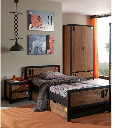 Lomadox Jugendzimmer Set massiv cognacfarbig, schwarz mit Nachtkonsole, Jugendbett 90x200, Bettschublade, Kleiderschrank 2-TRG., B x H x T ca. 273 x 200 x 55cm