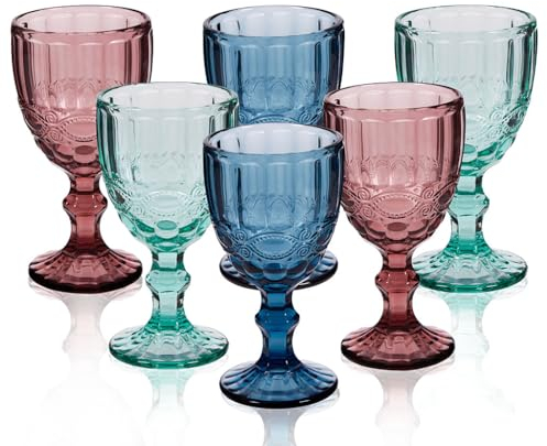 Wine Goblet Set - 6 Assorted Dishwasher Safe Embossed Wine Glasses - 300ml (CP44+CP49+CP54)
