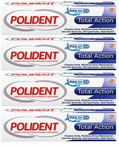Polident Crème Fixatrice Total Action, Pour Prothèses Dentaires Partielles ou Complètes, Lot de 4x40g
