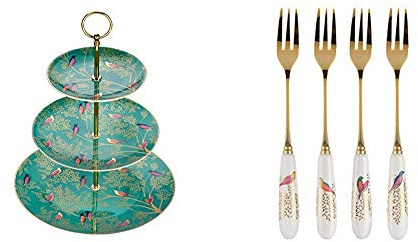 Sara Miller for Portmeirion Chelsea 3 Tier Cakestand-Green, Ceramic 280 x 280 x 60 cm & Miller for Portmeirion Chelsea Pastry Forks Set of 4, Ceramic Multi-Colour, 170 x 140 x 35 cm