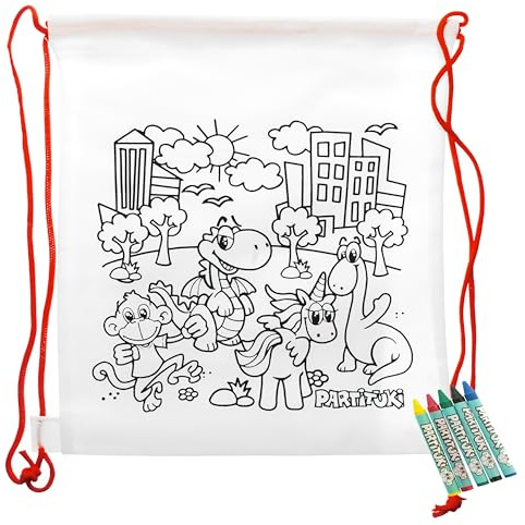 Partituki 10 Zaini da Colorare e 10 set di 7 Pastelli a Cera Colorati Certificato CE di Non Tossicità. Gadget Dettagli per i Compleanni dei Bambini