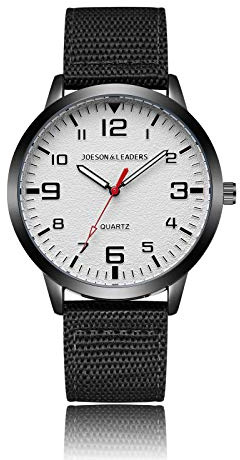 JOESON LEADERS Reloj de pulsera, 3 ATM resistente al agua, relojes unisex para exteriores, cuarzo casual, reloj deportivo de pulsera con correa de nylon/cuero, Blanco y negro., pulsera