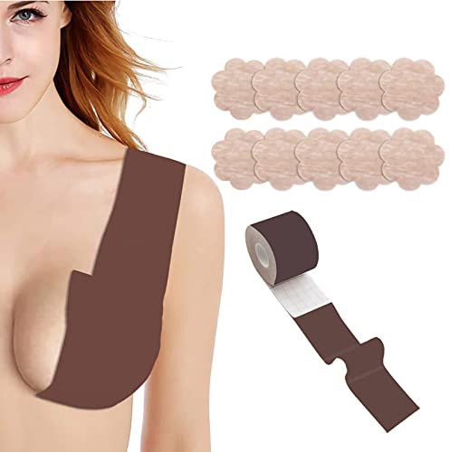 Phantasy Boob Tape Invisible Adhésif Soutien-Gorge Femmes Cérémonie Bande Robe Formelle Femmes Sport Soutien-Gorge Bande sans Bretelles Soutien-Gorge (Marron + 10pcs)