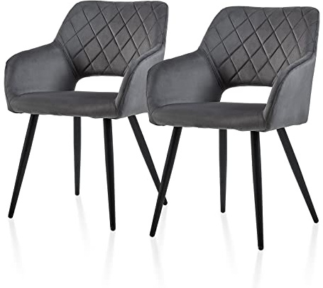 TUKAILAI Esszimmerstühle 2er Set aus Samt, Küchenstuhl Polsterstuhl mit Offener Rückenlehne,Armlehnen,Gepolstertem Sitz, Metallbeinen, Grau Stühle für Wohnzimmer,Esszimmer,Küche