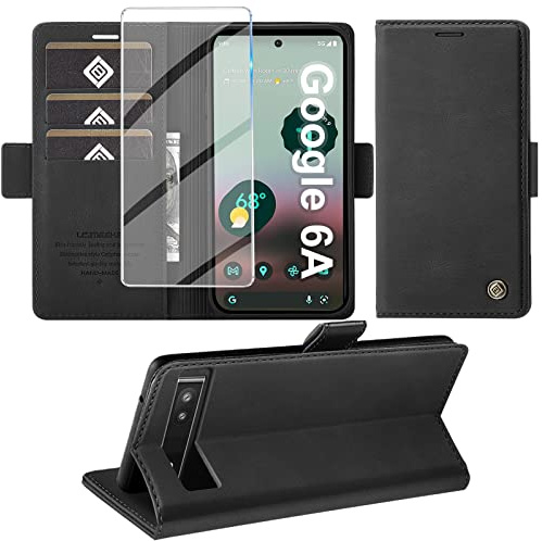 Giyer Handyhülle für Google Pixel 6A Hülle mit Schutzfolie, Pixel 6A mit Standfunktion Kartenfach Wallet Premium Leder Schutzhülle Pixel 6A 5G Flip Case Cover Stoßfeste Klapphülle (Schwarz)