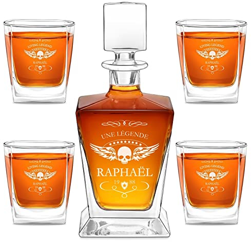 Maverton Décanteur Whisky et 4/6 verres avec gravure pour hommes - Carafe rhum pour gentleman - pour dégustation de scotch cognac - Set Whisky personnalisé - pour connaisseur - legende