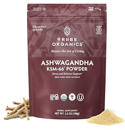 TRIBE ORGANICS KSM-66 Ashwagandha Root Extract Powder Ayurvedic Herb for Mood Support | Increase Energy | Strength - Organic | Natural | Gluten Free | Non GMO | Full-Spectrum - 100g Pouch