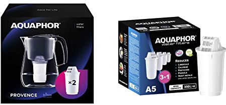 AQUAPHOR Wasserfilter Provence Schwarz inkl. 2 A5 Filter mit Magnesium I Karaffe für 4,2l I Großer WasserfiIter in Glasoptik & Filterkartusche A5 Pack 3+1 I Filtert Kalk & Chlor