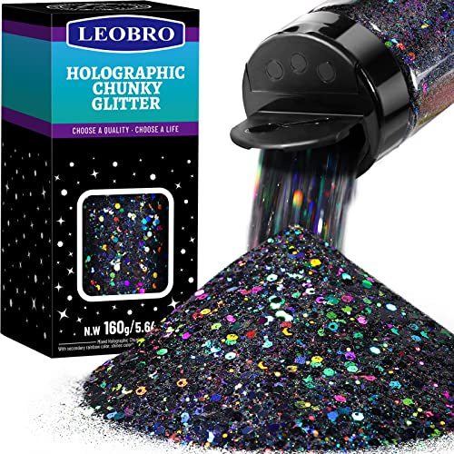 LEOBRO Black Holographic Chunky Glitter 160G/5.64OZ, Craft & Nail Glitter for Resin, Epoxy Tumblers
