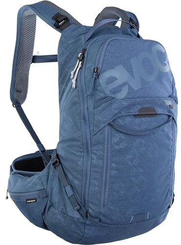 EVOC TRAIL PRO 16l Protektor Rucksack für Tagestouren & Trailriding, Fahrradrucksack (Backpack mit LITESHIELD PLUS Rückenprotektor, extra leicht, 3l Trinkblasenfach, Größe: L/XL), Denim