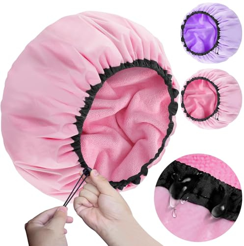Sheomern 2 Pcs Duschhaube mit Frottee Damen, Verstellbare Wiederverwendbare Duschhauben Extra-Groß Doppelte Wasserdichte Haarmütze für Dusche für Frauen Lange Haare, Dreadlocks
