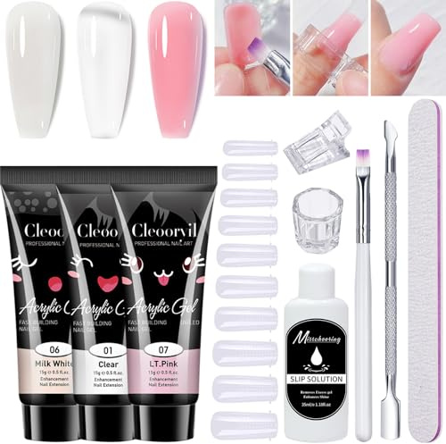 Poly Gel Nail Kit,3 Colors Clear White Pink Builder Nail Extension Gel 15ML With Slip Solution All-in-one Strengthen Nail Art Kit DIY for Beginners Gifts Set for Women