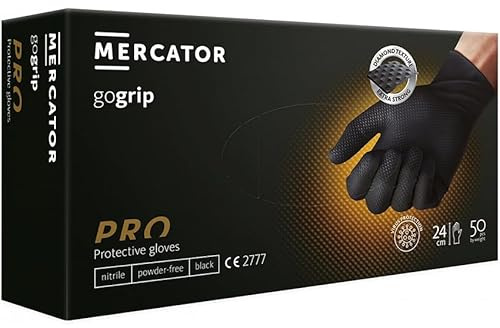 NAJDER Gants Jetables Nitrile Diamanté, Professionnels, Gants de Travail, Structure Diamant, Résistants aux Graisses Huiles, Protection Mécanique, Taille S, 50 Pièces, Noir