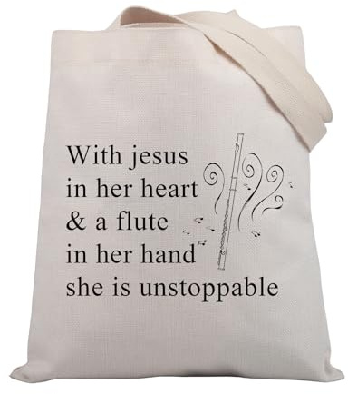 BDPWSS Flute Gift Flute Player Gift With Jesus In Heart & A Flute In Her Hand She Is Unstoppable Tote Bag Flute Lover Gift (With Jesus Flute TG)