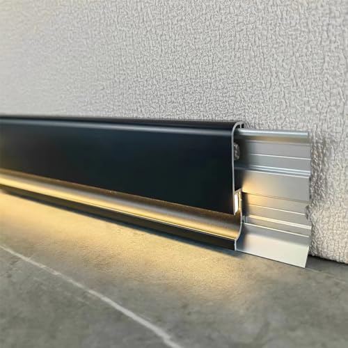 JARBIH Minimalist Skirting Baseboard, 10 Packs H5cm(2inches) Metal Aluminum Floor Skirting with Warm Light Silicone Led Strip, Illuminated Bottom, Complete with Accessories(Black)