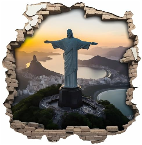 Samunshi® Wandaufkleber Wandriss mit Jesus Christus Statue Brasilien Wandsticker Fenster in andere Welt Portal für Kinderzimmer Aufkleber Küche Wallart 70 x 70cm