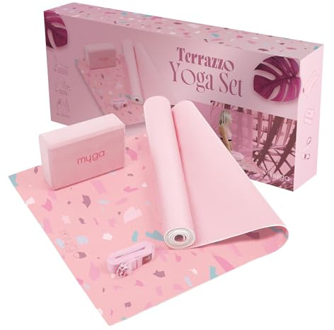 Myga Yoga Starter Kit | Komplettes Set mit Yogamatte, Yogablock & Gurt | rutschfest & Unterstützend | Ideal für Anfänger & Zuhause sowie Reisen | Unterschiedliche Druck Designs