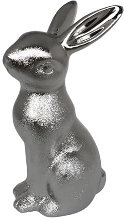 Goldbach Hase 20cm groß Silber, aus Keramik, Ostern Figur Osterhase sitzend XL modern Dekofigur Osterdeko