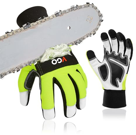 Vgo... Gants de Tronçonneuse Ecran Tacile avec 12 Couches de Protection, Gants de Travail Sécurité Mécanicien en Cuir de Chèvre(GA9810CS,Vert,S)
