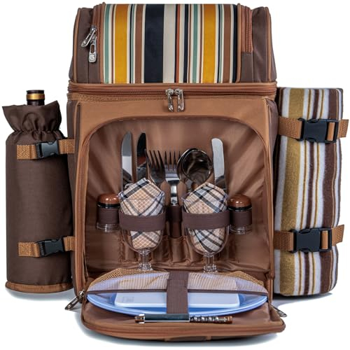 ALLCAMP - Mochila de picnic para 2 personas con 2 compartimentos aislados, soporte para vino, manta de forro polar, juego de cubiertos, perfecto para la playa, viajes de día, senderismo, camping,