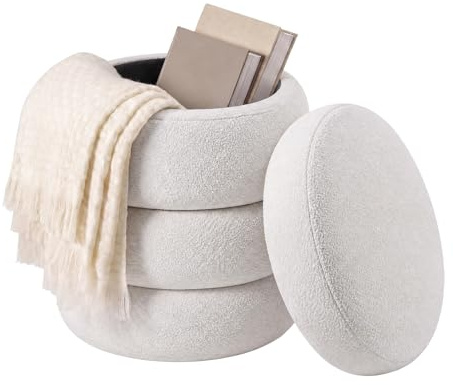 Riess Ambiente Runder Polsterhocker Vogue - 50cm - weiß Bouclé Sitzhocker mit Stauraum
