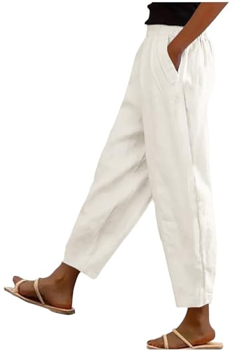 RLEHJN Cotton Linen Trouser Women UK Sale Clearance Solid Color Elasticated Waist Trousers Ladies Summer Lounge Pants Plain Loose Fit Full Length Pants Casual Straight Leg Bottoms with Pockets