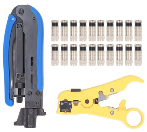 Tyenaza Koax-Crimper-Werkzeugsatz, Verstellbarer Koaxialkabel-Crimper-Abisolierer Mit 20-teiligen F-RG6-Steckern