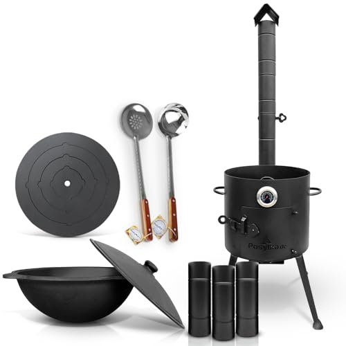 Feuerofen Ø 36 сm mit Thermometer Verlängerungsrohr und Herdplatte 4 Ringe 40 cm Gusseisen Kazan 10 L runder Boden mit Deckel Ø 36,7 cm Schaumlöffel für Plov Schöpfkelle Казан Учаг (Set 544)