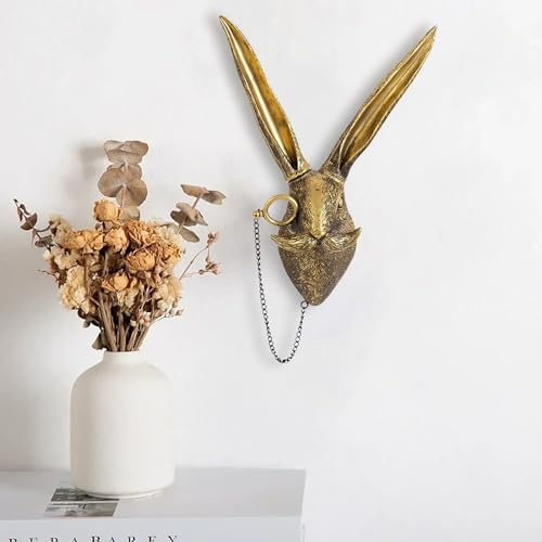 ONERWN Tierkopf-Wanddekoration, künstlicher Hasenkopf-Wandbehang, Tierskulpturen, Wanddekoration, antikes Kupfer-Tierharz-Wanddekoration, Heimwandkunst, Dekoration, Geschenke (Kaninchen)