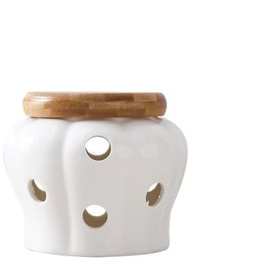 LUNCHS Knoblauchtopf Holzdeckel Zwiebeltopf Bewahren Sie Ingwer-Knoblauch-Gewürze auf Zwiebel Aufbewahrung Atmungsaktives Keramikglas (Weiß, One Size)