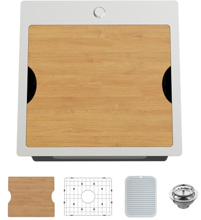Kitchen Sink Workstation,18x18 In Stainless Steel Drop In Single Bowl Bar Sink Built-in Ledge Small Topmount Workstation Sink With Accessory-SS Grid Cutting Board,Silicon Mat,Drain Assembly