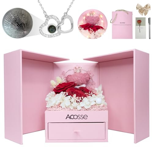 Pink Forever Roses Jewelry Box, Forever Flowers with Crown Bear, Gift for Women, Mom Wife Grandma Girlfriend on Birthday, Anniversary, Christmas, Valentines, Mothers Day, with I Love You necklace,