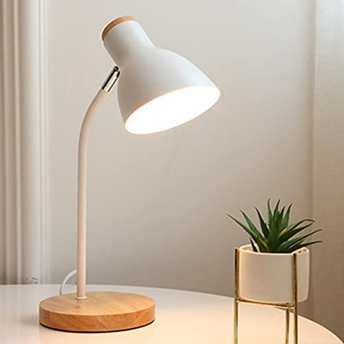 SSNCcNC Weiß, E27 Holz Tischleuchte Verstellbarer Kopf Schreibtischlampen Einfache Vintage Büro Studieren Leseleuchte Retro Kinder Lernlampe Schlafzimmer Nachttischlampe Metall H40*D15CM
