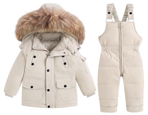 Unisex baby barn två delar skidkläder vinter varm puffer snödräkt jacka fuskpäls huvtröja ytterkläder kappa med snö ner haklapp overaller byxor 1-5 år, Beige 1, 12-24 månader
