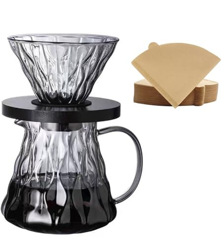 Gocoffun Juego de cafetera para verter sobre café, cafetera de vidrio de borosilicato de 600 ml con 50 filtros de papel, 1-3 tazas de goteo de café para el hogar, cafetería y restaurante (gris)