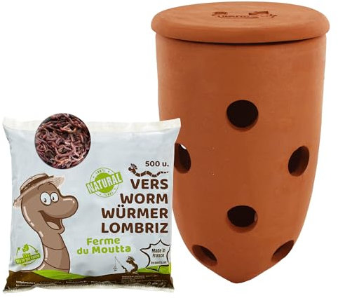 WORMacotta | Lombricomposter 1,1L in terracotta da seppellire | 500 gr di vermi di Compost | Trasforma la tua fioriera in lombricompostore | Composta i tuoi rifiuti organici