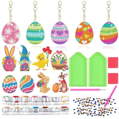 13 Stück Diamond Painting Ostern Set, Diamond Painting Schlüsselanhänger Doppelseitig Ostereier Deko 5D Anhänger Diamond Art Sticker Diamant Malerei Basteln DIY Kinder Geschenk