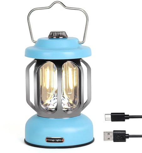 SEAMAGIC Rechargeable LED Camping Lanterns, Vintage Camping Lights Battery Operated, Portable Retro Metal Glamping Lights for Hiking, Hurricane, Decoration, Power outages, Blue, 1 Pack