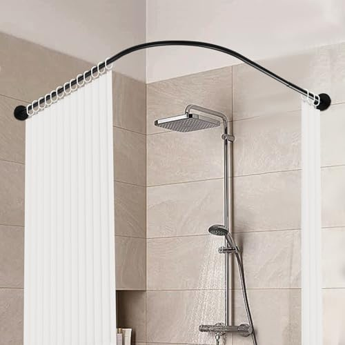 DAOHHFO 201 Edelstahl Duschstange Teleskop, L Form Ecke Halterung Duschvorhangstangen, Einstellbare Gebogene Stange Teleskopstäbe Badewanne, 72-95x90-130cm (Schwarz)