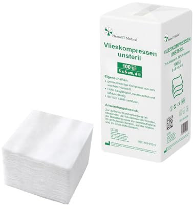 HansaGT Medical Vlieskompressen Kompressen unsteril 5x5cm 100 Stück, Wundkompressen 4 Lagen, Wundauflage nicht haftend, Mullkompressen Wundgaze Kompresse, Saugkompressen, Verbandsmaterial (5cmx5cm)