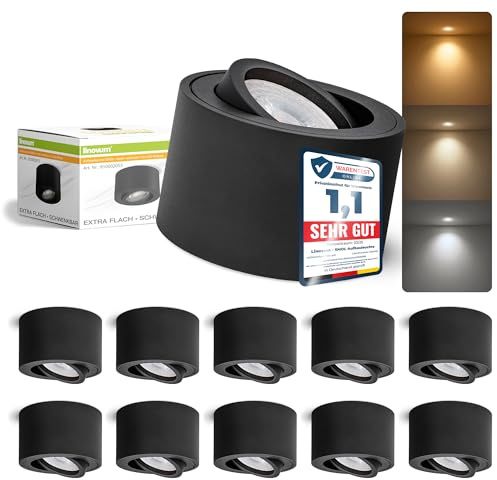 linovum SMOL Aufbauspot schwarz flach schwenkbar 4W 3 Lichtfarben LED | Flacher Deckenspot schwarz - nur 50mm hoch, schwenkbar, warm / neutral / kalt, für Flur & Wohnzimmer, inkl. LED-Modul