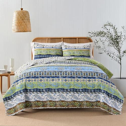 HORIMOTE HOME Boho Style Twin Size Quilt Set Green Bohemian Floral Strip Quilt Beddding Set, Soft and Lightweight Bedspread for All Season,XL Twin Bed Coverlet with 1 Matching Pillow Sham (2 Pieces)