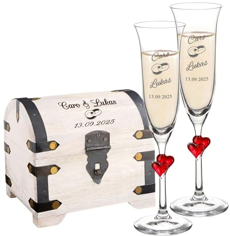 Casa Vivente Geschenkset zur Hochzeit, Sektgläser und weiße Schatztruhe mit Gravur, Ringe, Personalisiert mit Namen und Datum, Deko Holztruhe, Hochzeitsgeschenke für Brautpaar, Geldgeschenke