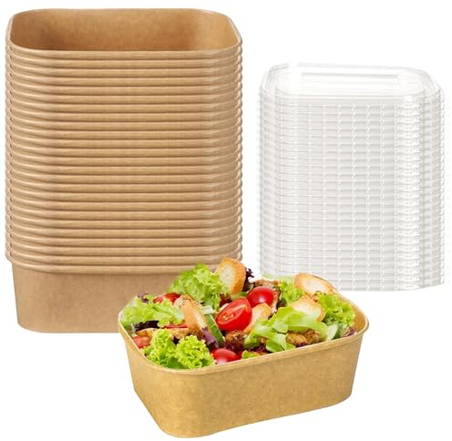 AXVRAV Kraftpapier Schale, Premium Einweg Essboxen 500ml Stabil mit Deckel, Take Away Kraftpapier Box, Pappschüsseln Wasser und Ölbeständig, für Essen zum Mitnehmen, Reisen, Arbeitsessen