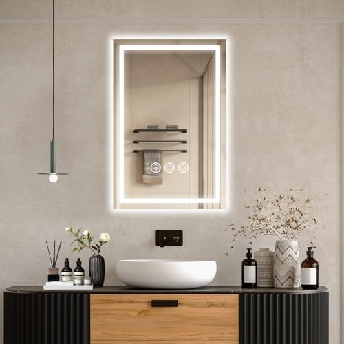 Ratsamee 40x60cm Badspiegel mit Beleuchtung LED, Spiegel mit Light, Wandspiegel mit Frontbeleuchtung, Antibeschlagfunktion, Dimmbar, mit 3 Einstellbaren Lichtfarben