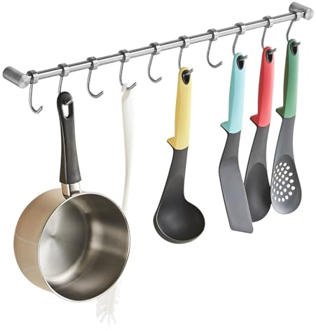 Kelelife Estante colgante de vajilla con 10 ganchos desmontables, riel de cocina colgador de sartenes de acero inoxidable montado en la pared, organizador de barra para abrigos y sombreros para colgar